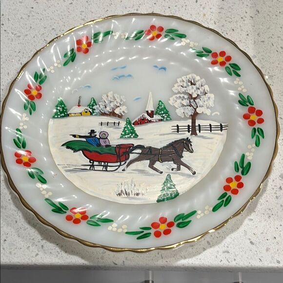 Anchor Hocking Suburbia Rare Handpaind Winter Scene Plate with Floral Border - Picture 1 of 5